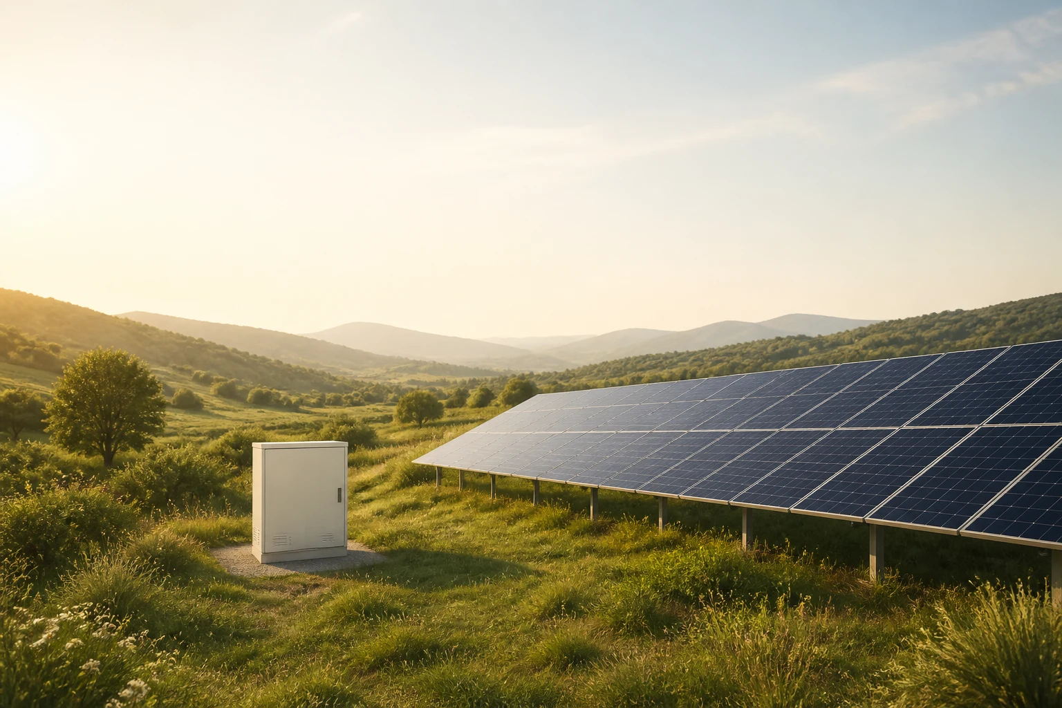Doğal peyzajda güneş paneli dizisi ve enerji depolama ünitesi